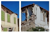 1. Πληγείσες κατοικίες στη Βρίσα. Παρά την κατάρρευση της εξωτερικής τοιχοποιίας, η στέγη συνεχίζει να στηρίζεται στους εσωτερικούς ξύλινους σκελετούς