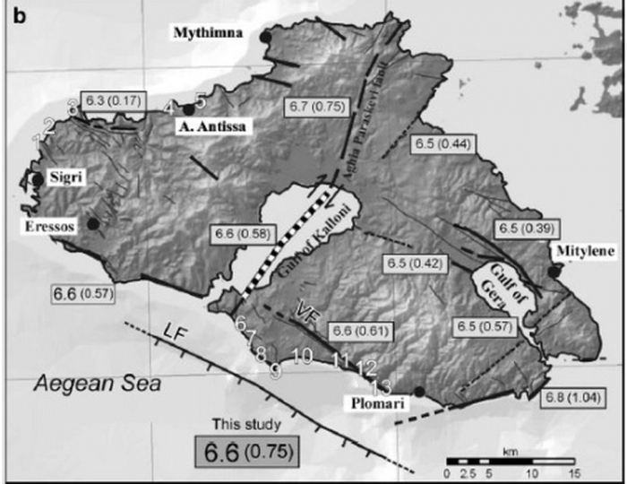 To υποθαλάσσιο ρήγμα νότια της Λέσβου δημοσιευμένο στο έγκριτο περιοδικό Geomorphology τo 2012 στα πλαίσια διδιακτορικής διατριβής που εκπονήθηκε σε συνεργασία των Πανεπιστημίων Αιγαίου και Γένοβας